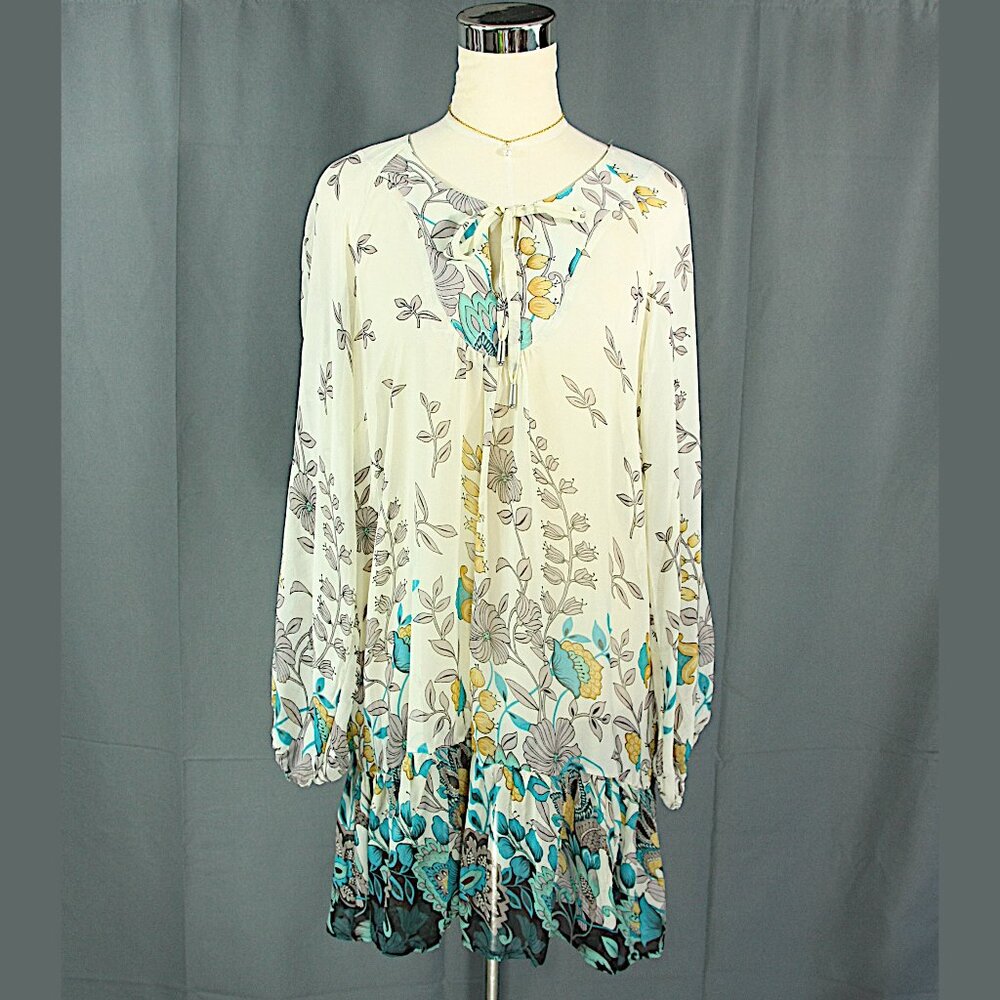 Bebe Sheer Floral Boho Loose Fit Long Sleeve Keyhole Casual Dress Tunic M